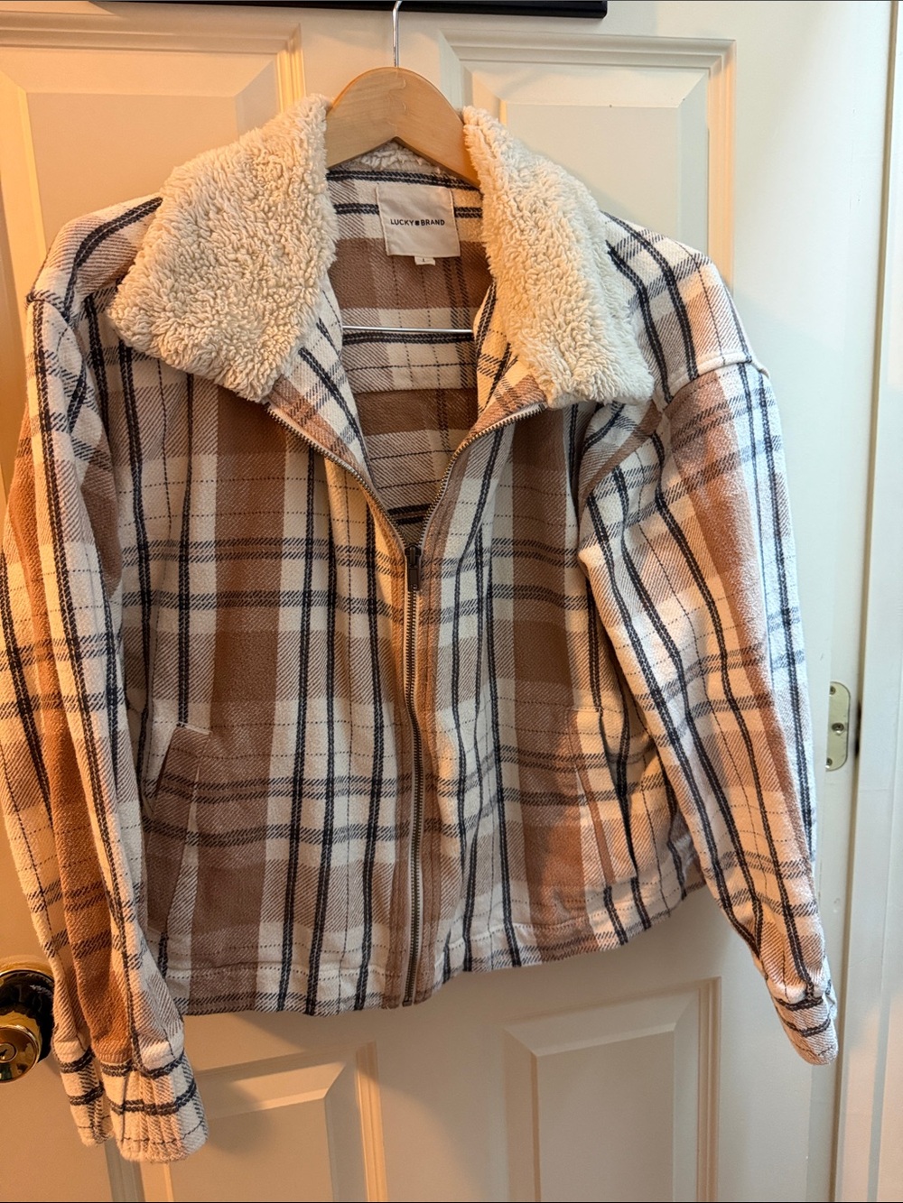 Lucky Brand Plaid Teddy Collar Jacket in Tan and Cream